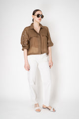 Lorena Antoniazzi Cropped Front Ramie Jacket with Floral Beaded Embroidered Sleeves in Terracotta Brown Vancouver. Shop Online or in Store.