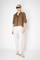 Lorena Antoniazzi Cropped Front Ramie Jacket with Floral Beaded Embroidered Sleeves in Terracotta Brown Vancouver. Shop Online or in Store.