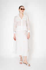 Lorena Antoniazzi Cropped Front Ramie Jacket with Floral Beaded Embroidered Sleeves in White Vancouver. Shop Online or in Store.