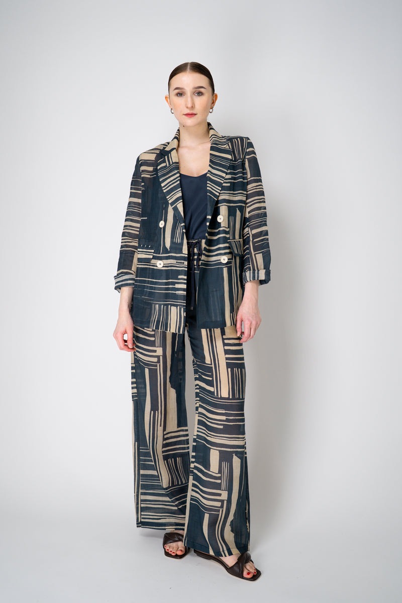 Lorena Antoniazzi Double Breasted Ramie Blazer in Blue and Beige Vancouver. Shop Online or in Store.