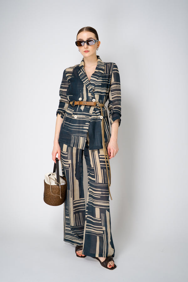 Lorena Antoniazzi Double Breasted Ramie Blazer in Blue and Beige Vancouver. Shop Online or in Store.