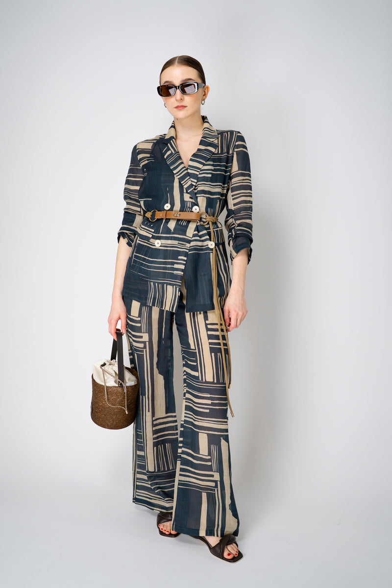 Lorena Antoniazzi Double Breasted Ramie Blazer in Blue and Beige Vancouver. Shop Online or in Store.