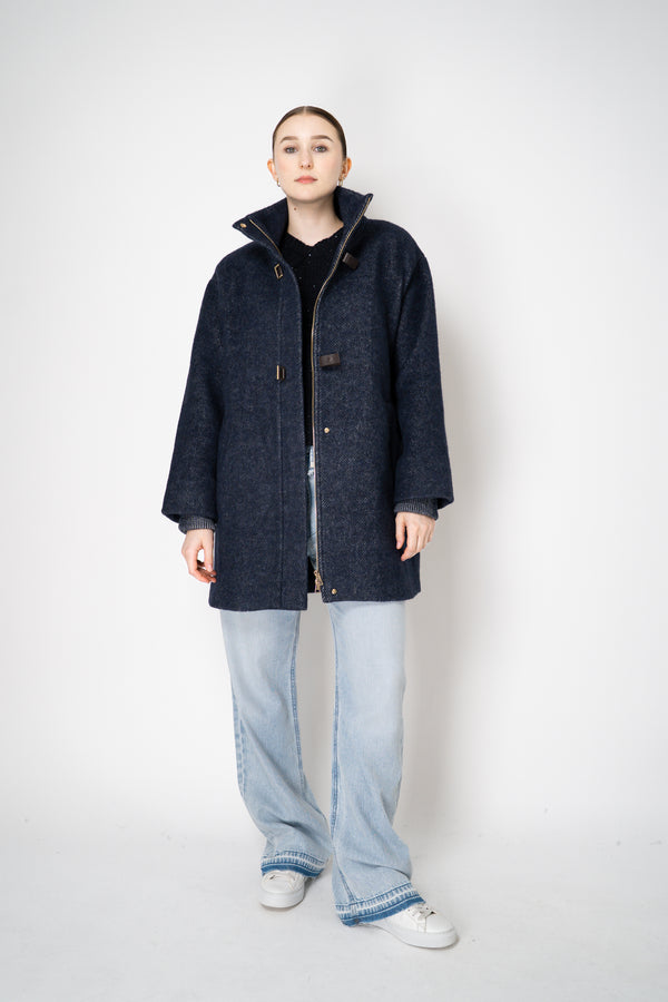 Lorena Antoniazzi Flannel Alpaca Coat with Buckle Snaps in Navy Vancouver. Shop Online or in Store.