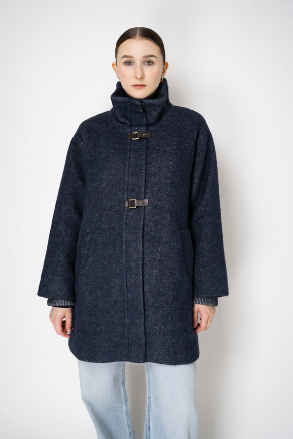 Lorena Antoniazzi Flannel Alpaca Coat with Buckle Snaps in Navy Vancouver. Shop Online or in Store.