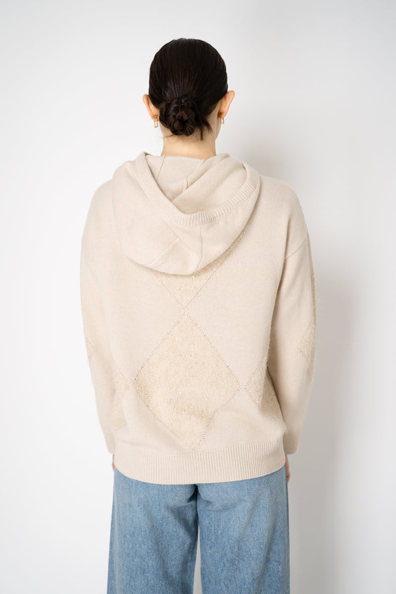 Lorena Antoniazzi Fur Stitch Checkered Knit Hooded Pullover in Sand Beige Vancouver. Shop Online or in Store.