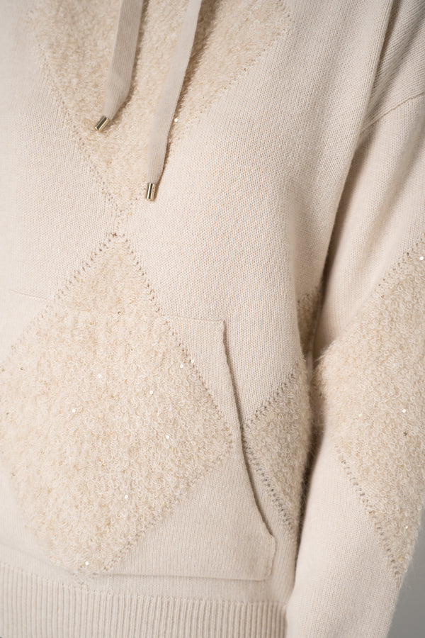 Lorena Antoniazzi Fur Stitch Checkered Knit Hooded Pullover in Sand Beige Vancouver. Shop Online or in Store.