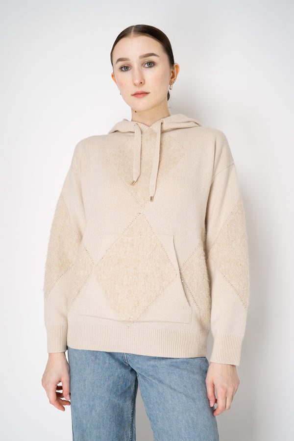 Lorena Antoniazzi Fur Stitch Checkered Knit Hooded Pullover in Sand Beige Vancouver. Shop Online or in Store.