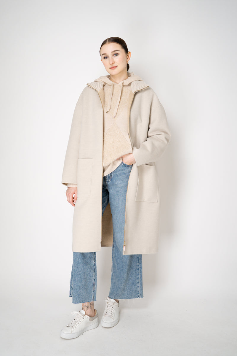 Lorena Antoniazzi Fur Stitch Checkered Knit Hooded Pullover in Sand Beige Vancouver. Shop Online or in Store.