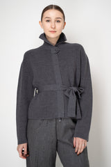 Lorena Antoniazzi High Neck Cropped Zip Cardigan with Tie Waist in Grey