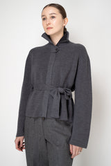 Lorena Antoniazzi High Neck Cropped Zip Cardigan with Tie Waist in Grey