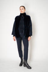 Lorena Antoniazzi High Neck Shearling Coat with Wool Sleeves in Navy Vancouver. Shop Online or in Store.