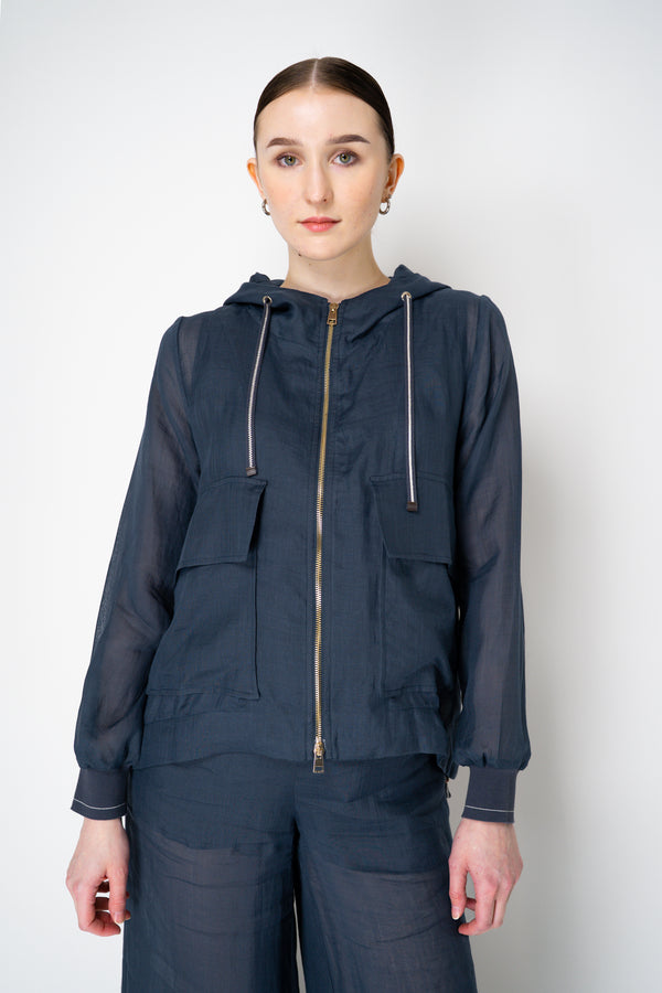 Lorena Antoniazzi Hooded Ramie Cargo Jacket in Navy Vancouver. Shop Online or in Store.