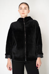 Lorena Antoniazzi Hooded Shearling Jacket with Knit Back in Black Vancouver. Shop Online or in Store.