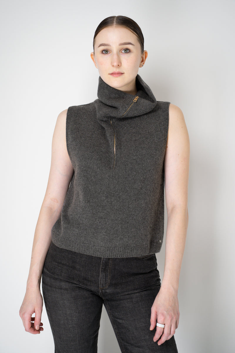 Lorena Antoniazzi Knit Cashmere High Neck Zip Sleeveless Top in Grey Vancouver. Shop Online or in Store.