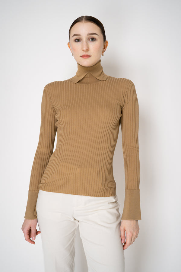 Lorena Antoniazzi Lightweight Virgin Wool Collared Ribbed Turtleneck in Camel Vancouver. Shop Online or in Store.