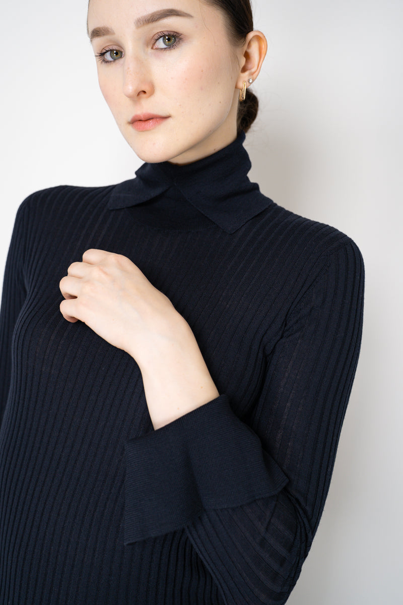 Lorena Antoniazzi Lightweight Virgin Wool Collared Ribbed Turtleneck in Navy Vancouver. Shop Online or in Store.