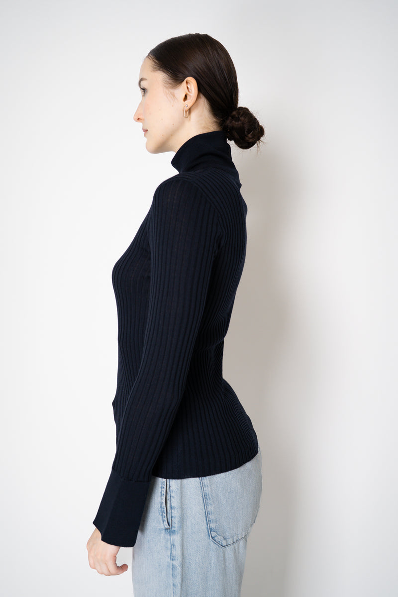 Lorena Antoniazzi Lightweight Virgin Wool Collared Ribbed Turtleneck in Navy Vancouver. Shop Online or in Store.