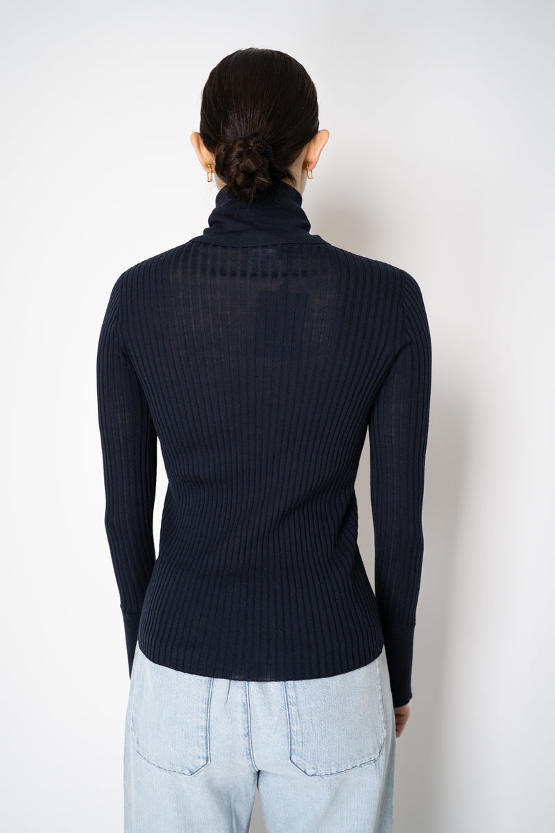 Lorena Antoniazzi Lightweight Virgin Wool Collared Ribbed Turtleneck in Navy Vancouver. Shop Online or in Store.