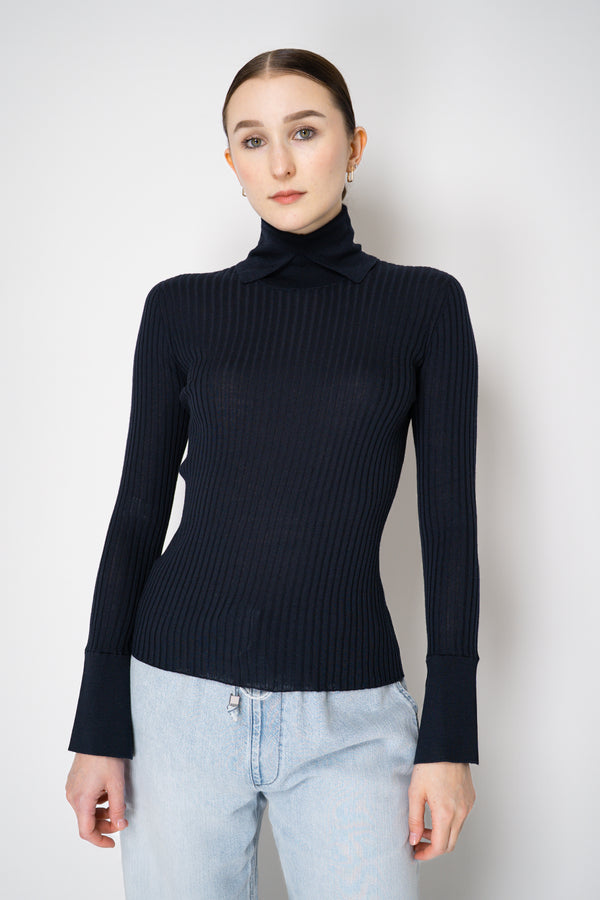 Lorena Antoniazzi Lightweight Virgin Wool Collared Ribbed Turtleneck in Navy Vancouver. Shop Online or in Store.