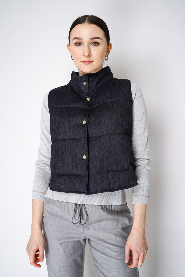 Lorena Antoniazzi Linen Blend Denim Look Padded Vest in Navy Vancouver. Shop Online or in Store.
