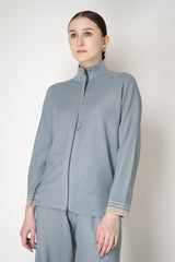 Lorena Antoniazzi Liquid Drape Knit Zip Pullover in Slate Blue Vancouver. Shop Online or in Store.