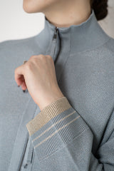 Lorena Antoniazzi Liquid Drape Knit Zip Pullover in Slate Blue Vancouver. Shop Online or in Store.