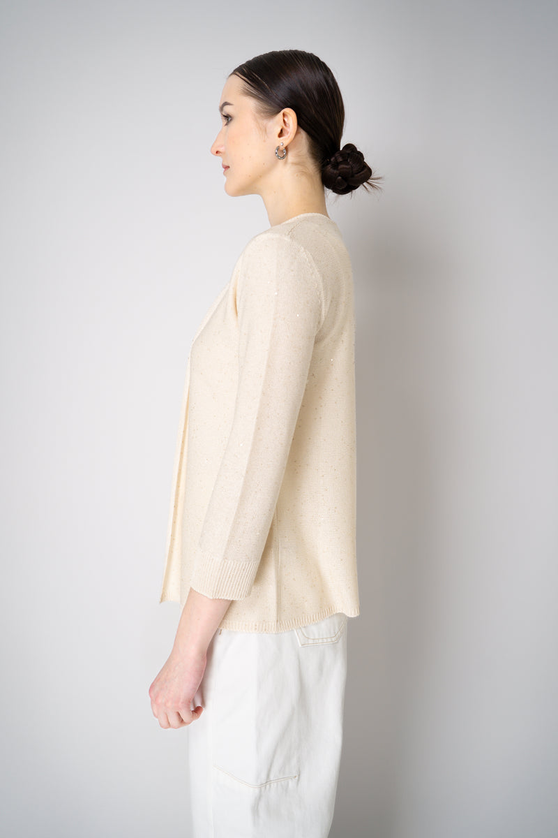 Lorena Antoniazzi Liquid Drape Open Front Cardigan with Tonal Sequin Details in Gold Vancouver. Shop Online or in Store.
