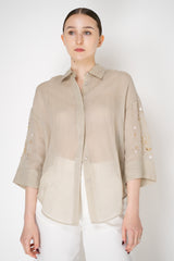 Lorena Antoniazzi Ramie Blouse with Floral Beaded Embroidered Sleeves in Clay Vancouver. Shop Online or in Store.