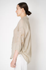 Lorena Antoniazzi Ramie Blouse with Floral Beaded Embroidered Sleeves in Clay Vancouver. Shop Online or in Store.