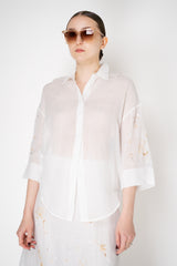 Lorena Antoniazzi Ramie Blouse with Floral Beaded Embroidered Sleeves in White Vancouver. Shop Online or in Store.