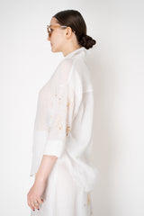Lorena Antoniazzi Ramie Blouse with Floral Beaded Embroidered Sleeves in White Vancouver. Shop Online or in Store.