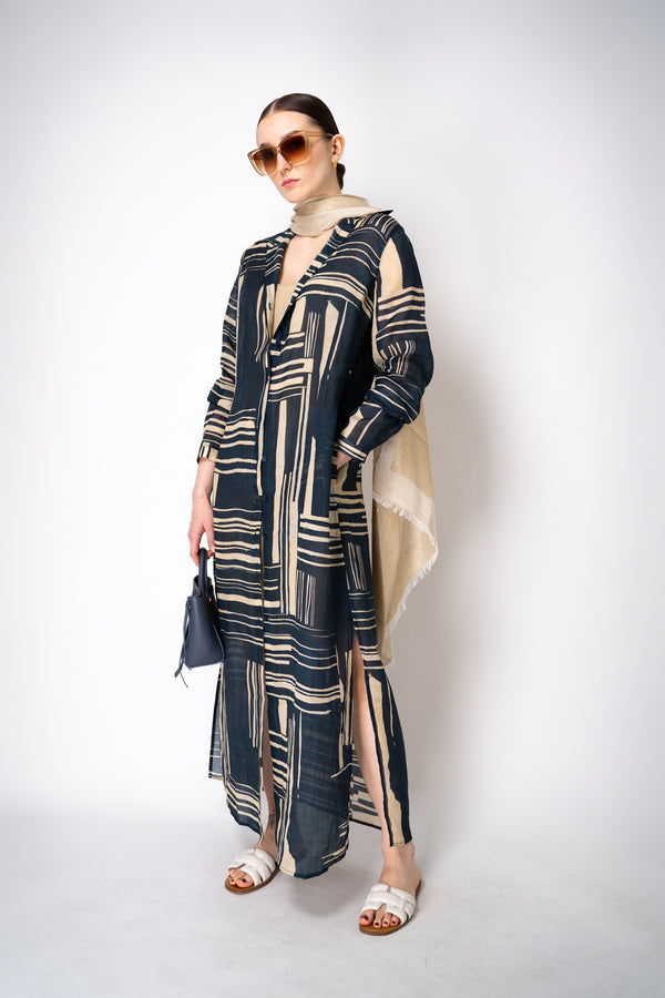Lorena Antoniazzi Ramie Maxi Dress with Slip in Blue and Beige Vancouver. Shop Online or in Store