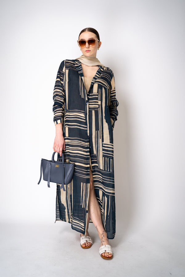 Lorena Antoniazzi Ramie Maxi Dress with Slip in Blue and Beige Vancouver. Shop Online or in Store