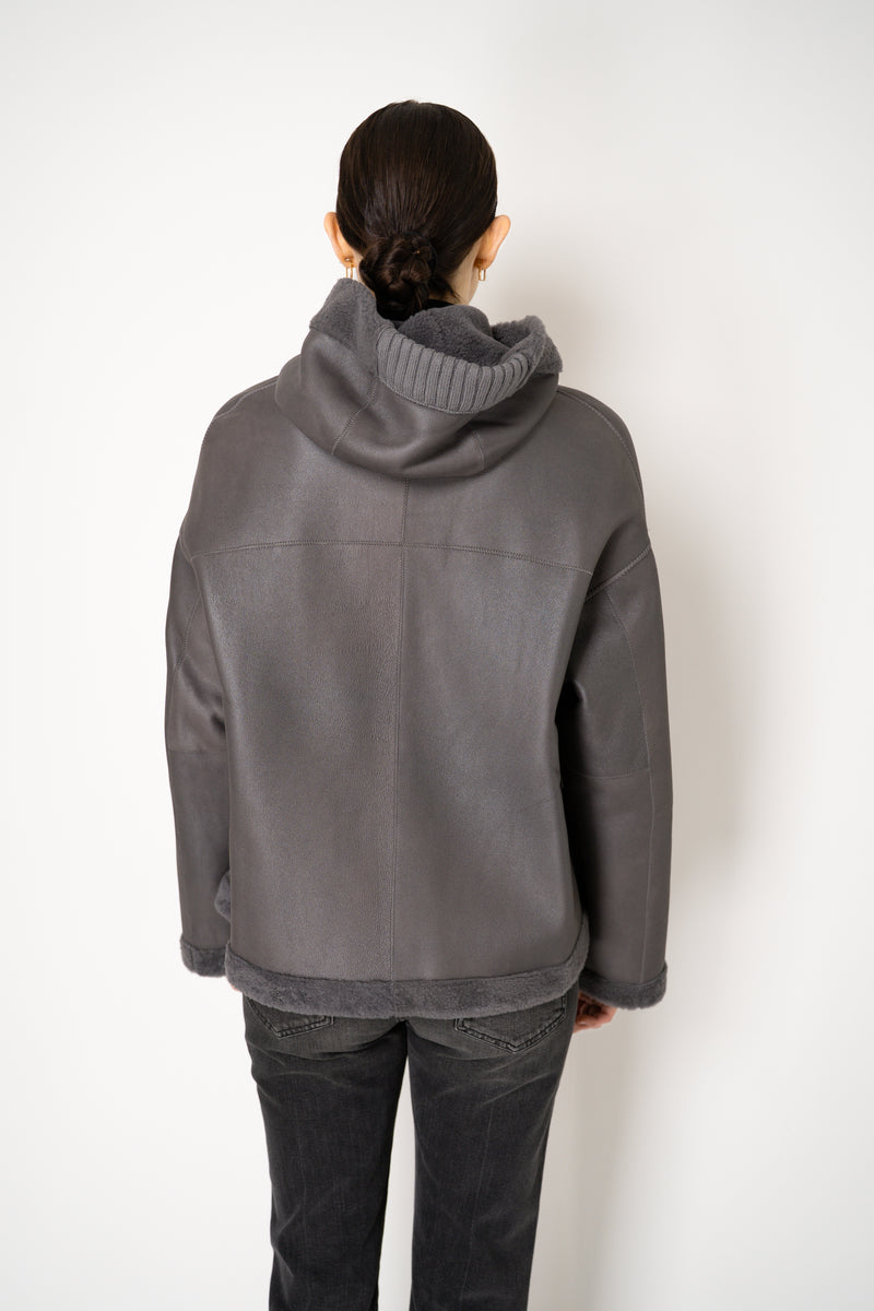 Lorena Antoniazzi Reversible Sheep Shearling Hooded Jacket in Grey Vancouver. Shop Online or in Store.