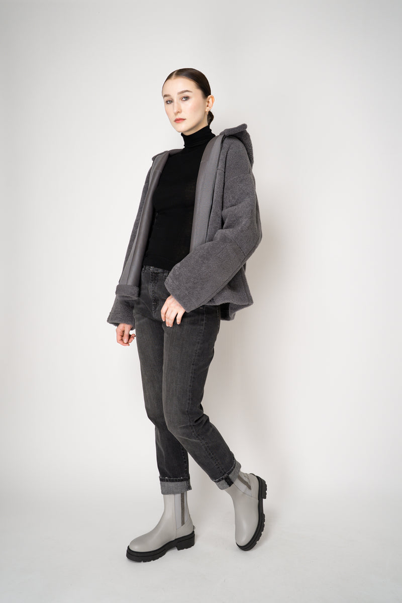 Lorena Antoniazzi Reversible Sheep Shearling Hooded Jacket in Grey Vancouver. Shop Online or in Store.