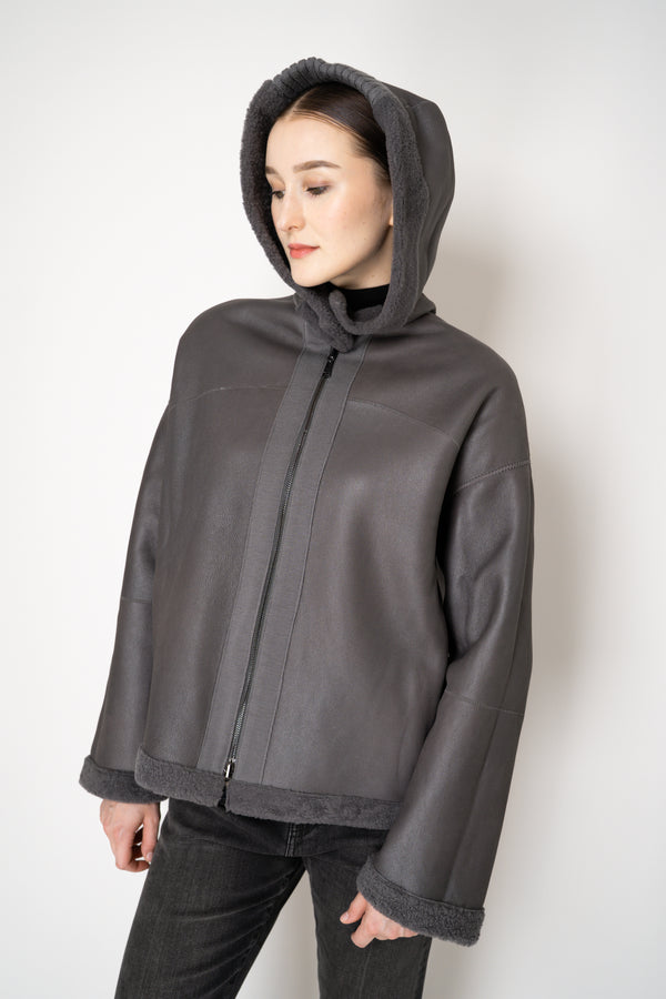 Lorena Antoniazzi Reversible Sheep Shearling Hooded Jacket in Grey Vancouver. Shop Online or in Store.