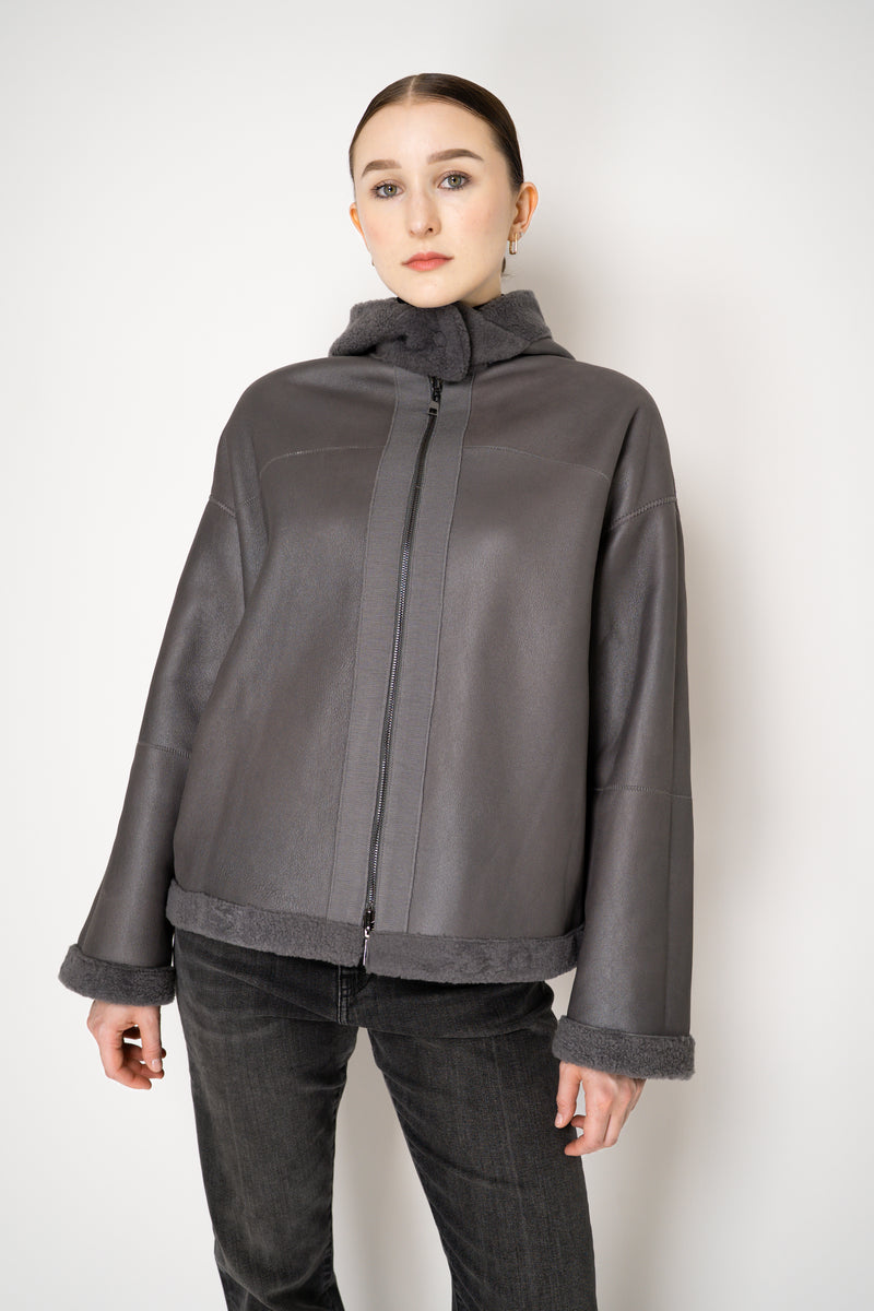 Lorena Antoniazzi Reversible Sheep Shearling Hooded Jacket in Grey Vancouver. Shop Online or in Store.