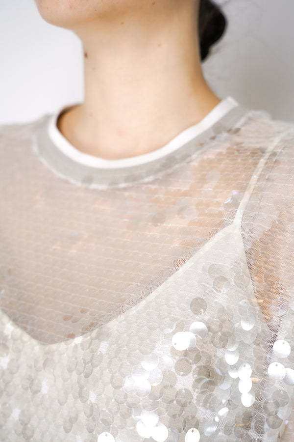 Lorena Antoniazzi Sequin Mesh Long T-shirt with Camisole in White Vancouver. Shop Online or in Store.