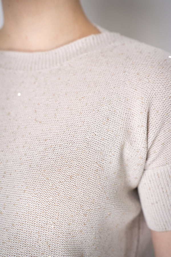 Lorena Antoniazzi Short Sleeve Knit Top with All Over Sequins in Beige Vancouver. Shop Online or in Store