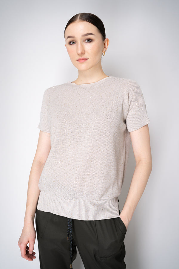 Lorena Antoniazzi Short Sleeve Knit Top with All Over Sequins in Beige Vancouver. Shop Online or in Store