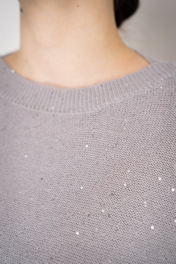 Lorena Antoniazzi Short Sleeve Knit Top with All Over Sequins in Grey Vancouver. Shop Online or in Store