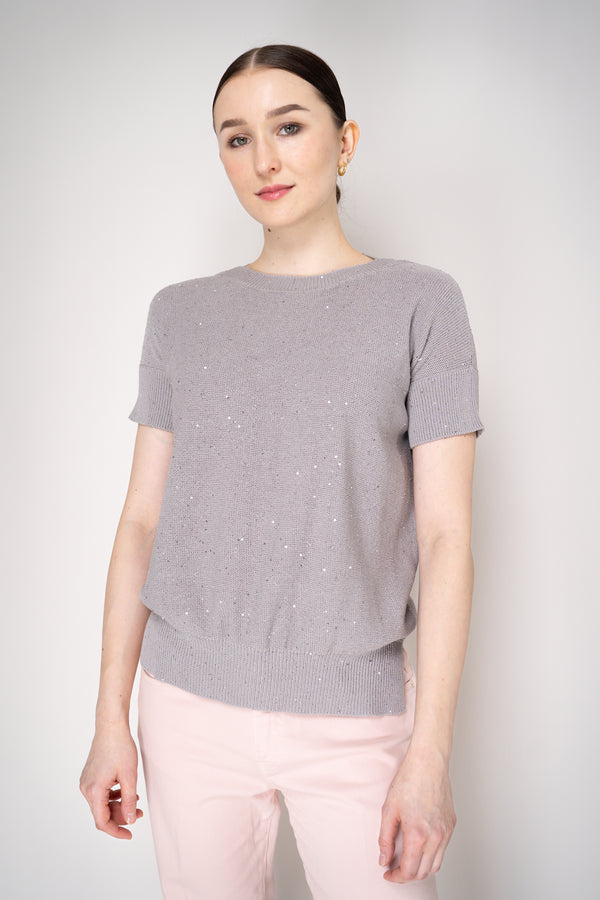 Lorena Antoniazzi Short Sleeve Knit Top with All Over Sequins in Grey Vancouver. Shop Online or in Store