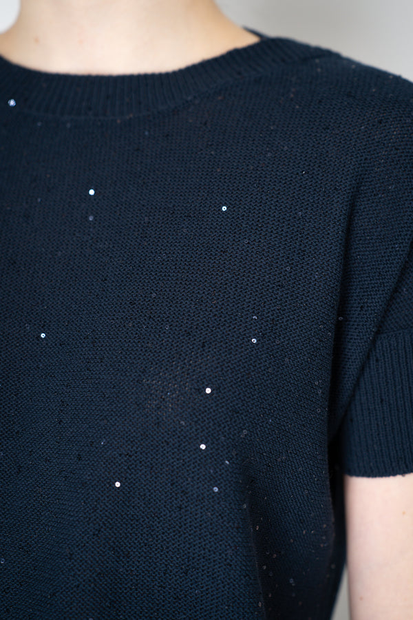 Lorena Antoniazzi Short Sleeve Knit Top with All Over Sequins in Navy Vancouver. Shop Online or in Store