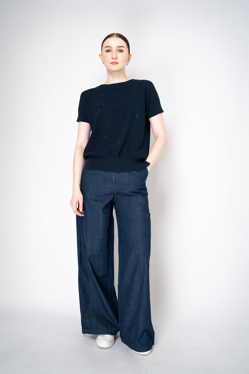 Lorena Antoniazzi Short Sleeve Knit Top with All Over Sequins in Navy Vancouver. Shop Online or in Store