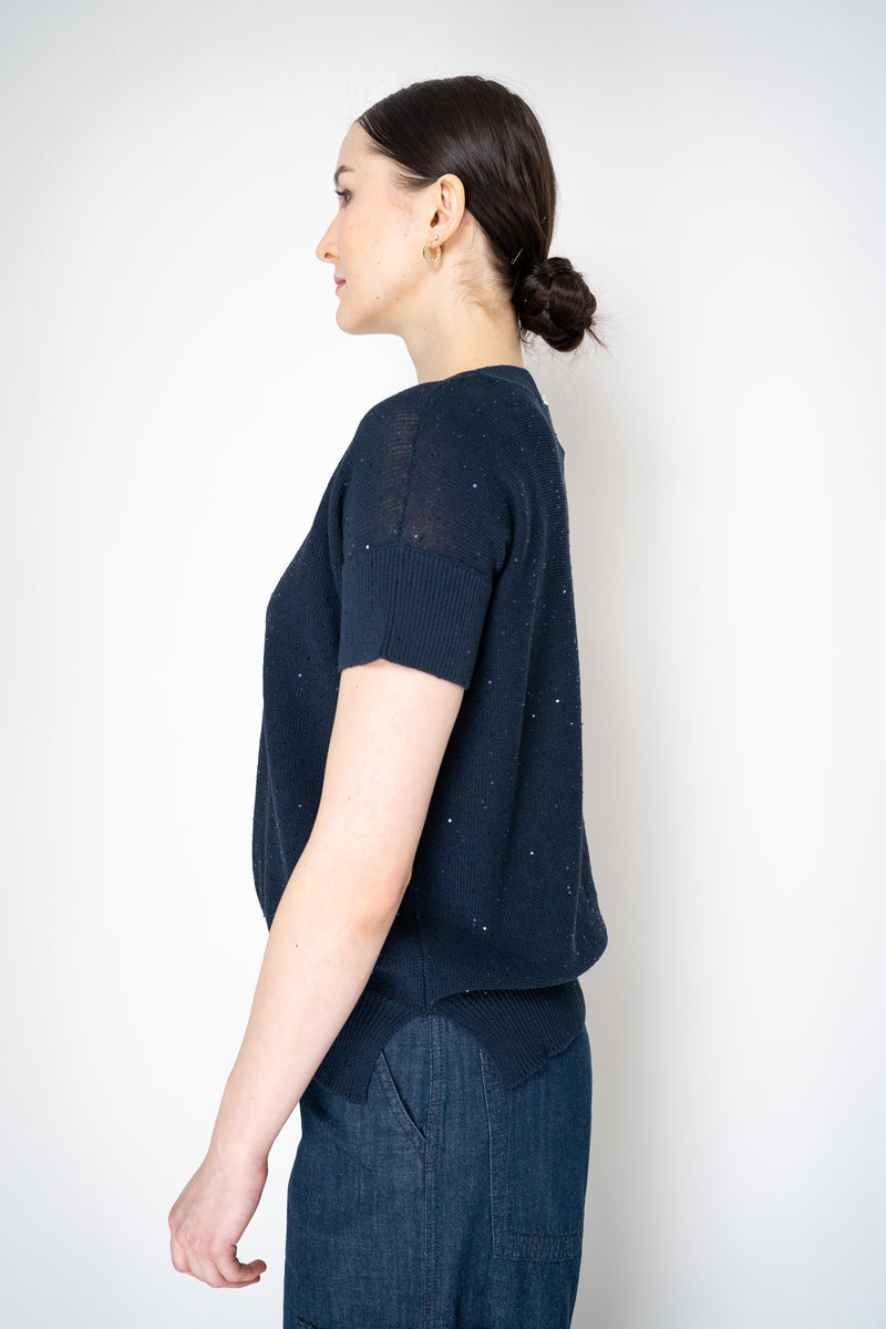 Lorena Antoniazzi Short Sleeve Knit Top with All Over Sequins in Navy Vancouver. Shop Online or in Store