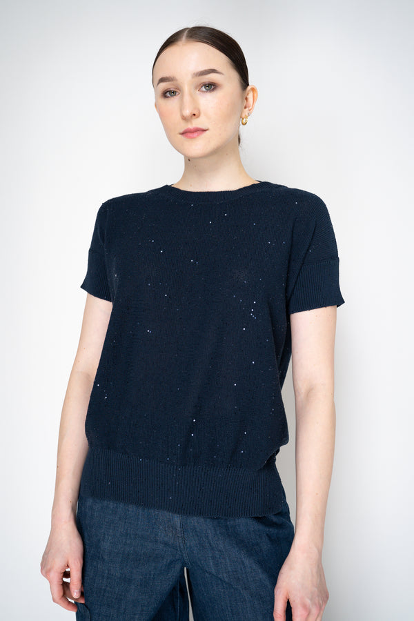 Lorena Antoniazzi Short Sleeve Knit Top with All Over Sequins in Navy Vancouver. Shop Online or in Store