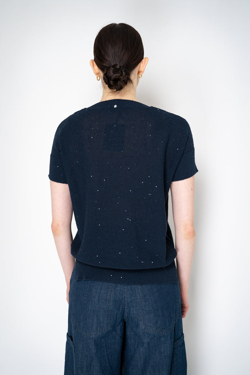 Lorena Antoniazzi Short Sleeve Knit Top with All Over Sequins in Navy Vancouver. Shop Online or in Store