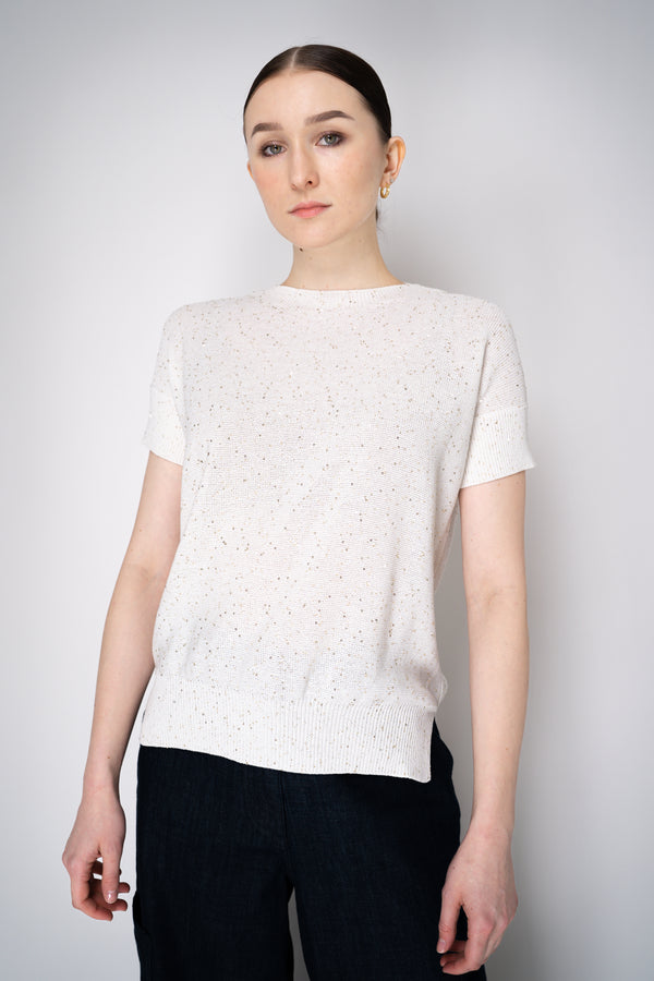 Lorena Antoniazzi Short Sleeve Knit Top with All Over Sequins in White Vancouver. Shop Online or in Store