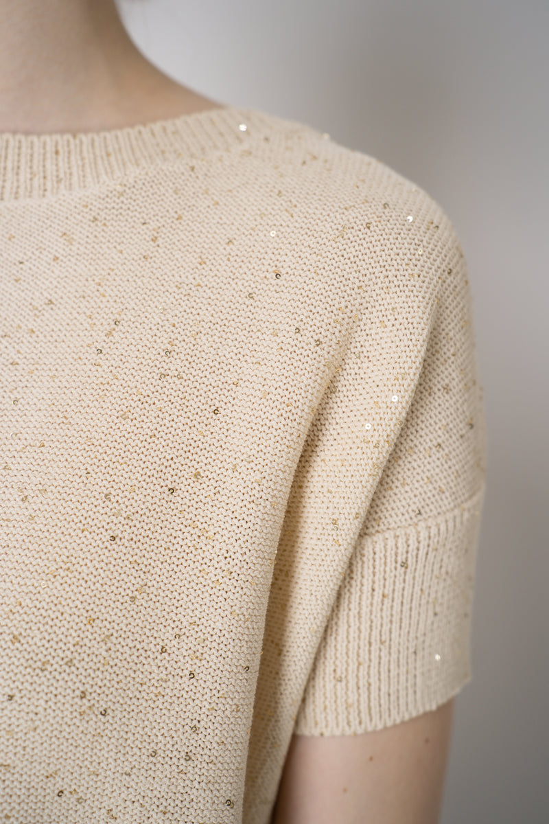 Lorena Antoniazzi Short Sleeve Knit Top with All Over Tonal Sequins in Gold Vancouver. Shop Online or in Store.