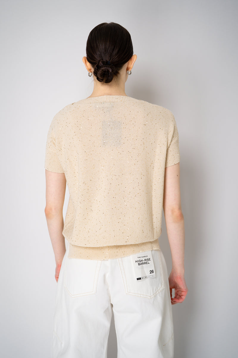 Lorena Antoniazzi Short Sleeve Knit Top with All Over Tonal Sequins in Gold Vancouver. Shop Online or in Store.